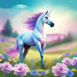 An enchanting digital art piece capturing a majestic unicorn standing in a blooming meadow during the month of May