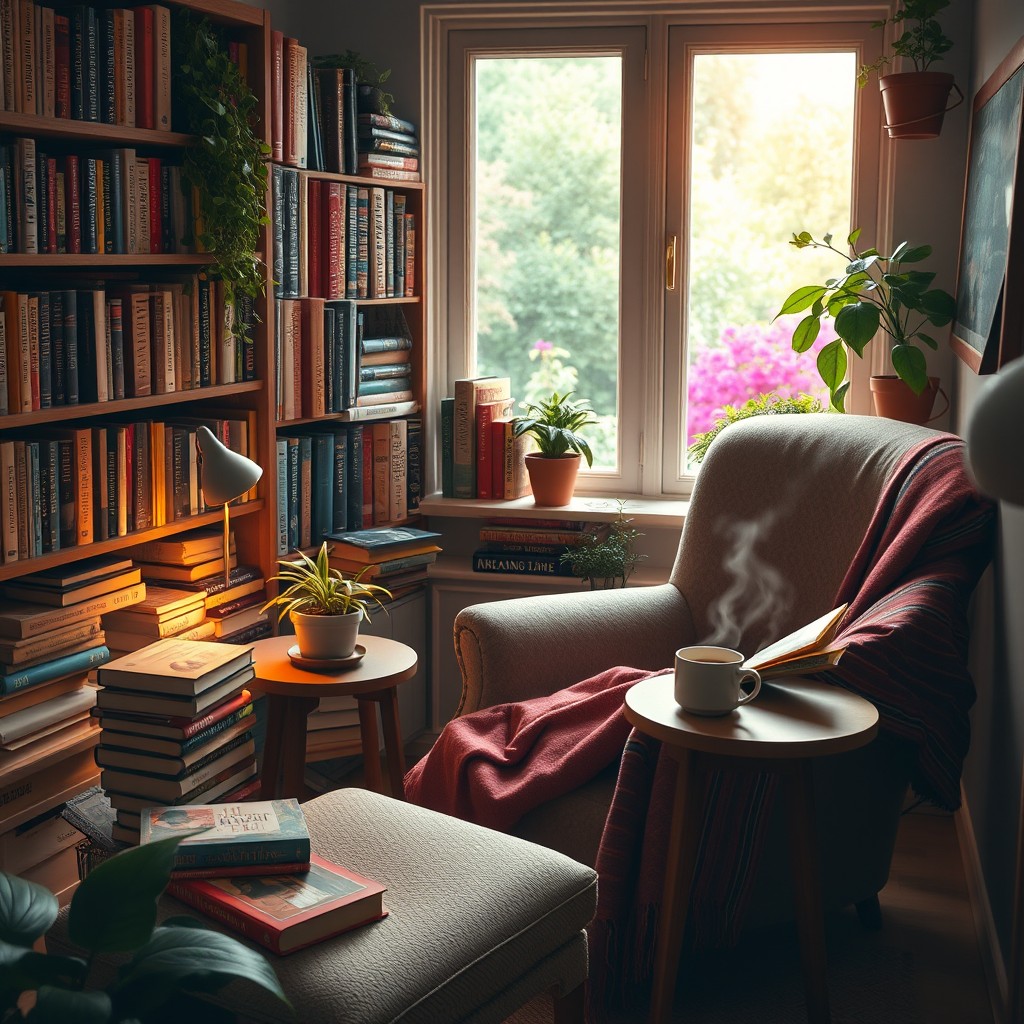 A cozy reading nook filled with books, showcasing a variety of genres and colorful book covers