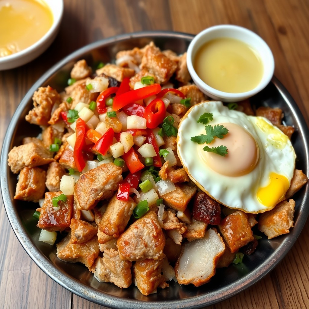 A delicious plate of Sisig, a traditional Filipino dish made from chopped grilled pork belly sizzled on a hot plate, topped with diced onions, chili peppers, and a raw egg that’s ready to cook as it hits the hot platter