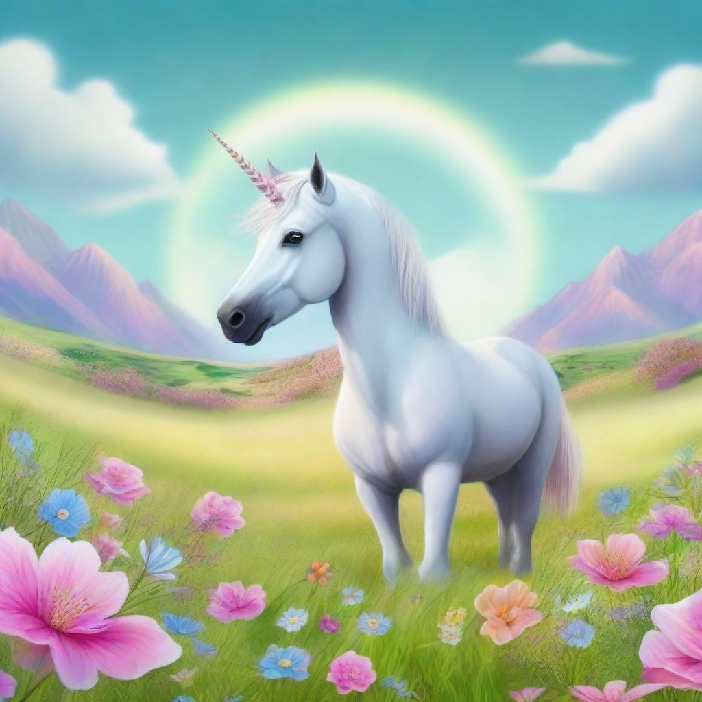 A high-quality digital art piece showing a majestic unicorn in a blooming meadow during May, with the logo of Inner Circle Trader subtly incorporated into the scene