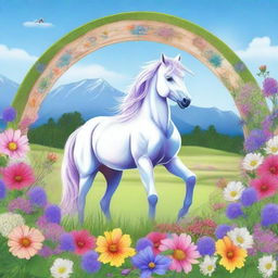 A high-quality digital art piece showing a majestic unicorn in a blooming meadow during May, with the logo of Inner Circle Trader subtly incorporated into the scene