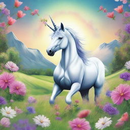 A high-quality digital art piece showing a majestic unicorn in a blooming meadow during May, with the logo of Inner Circle Trader subtly incorporated into the scene