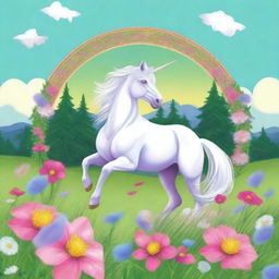 A high-quality digital art piece showing a majestic unicorn in a blooming meadow during May, with the logo of Inner Circle Trader subtly incorporated into the scene