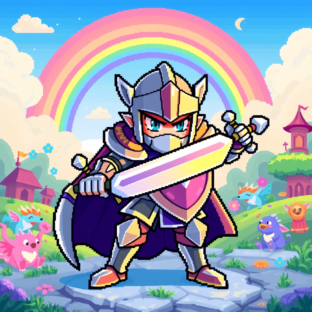 A vibrant pixel art character, featuring a heroic knight wearing shiny armor and a flowing cape, wielding a gleaming sword