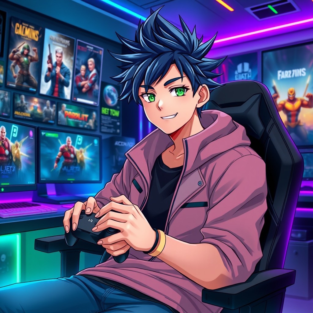 A male anime character with sharp features and an attractive smile, wearing stylish gaming attire that reflects a modern, cool vibe