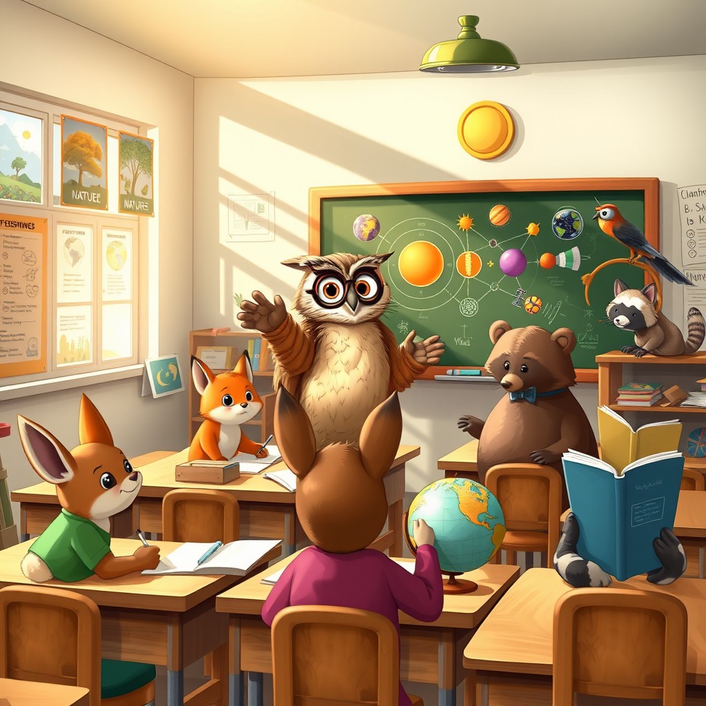 A vibrant and imaginative classroom filled with anthropomorphic animals as students, engaging in various activities