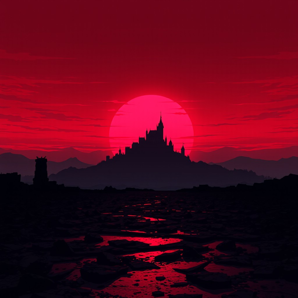 A landscape poster in anime style featuring the silhouette of a distant ruined castle against a dramatic crimson sunset