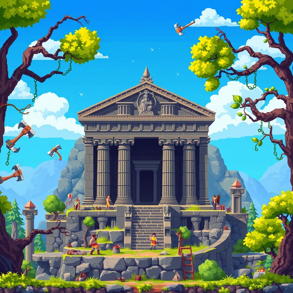 A detailed pixel art background design featuring a grand ancient temple as the primary setting