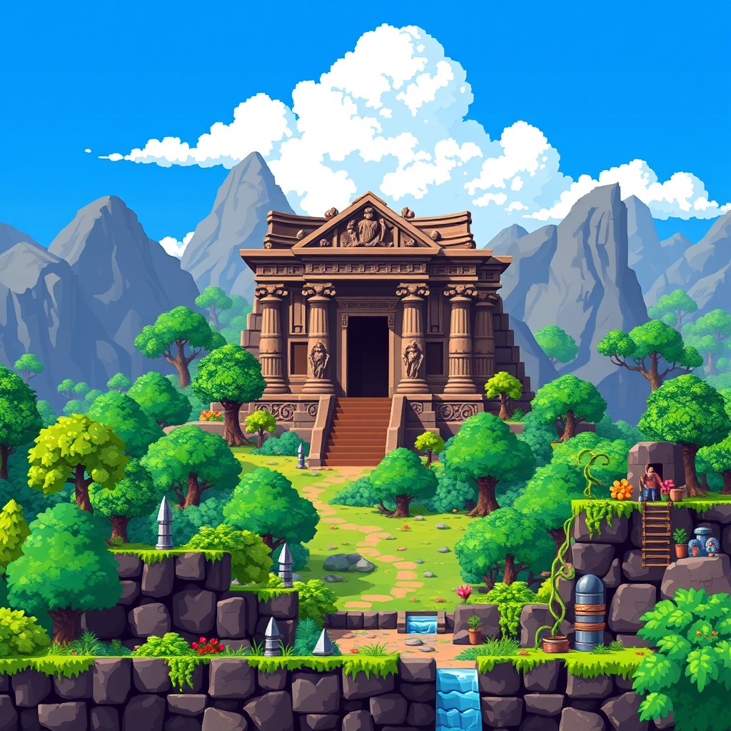 A pixel art background featuring a grand ancient temple, intricately designed with pixelated stone carvings and statues