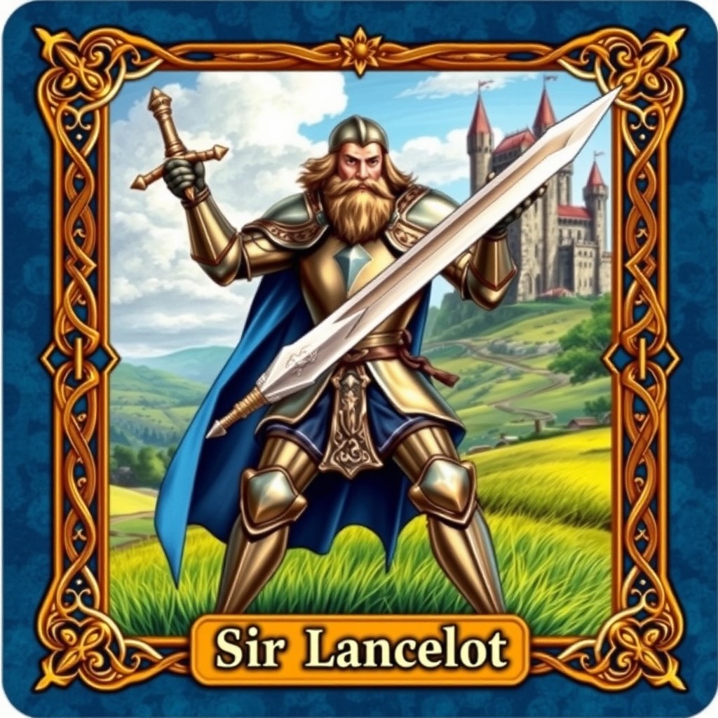 A beautifully illustrated trading card featuring Sir Lancelot, the legendary knight of the Round Table