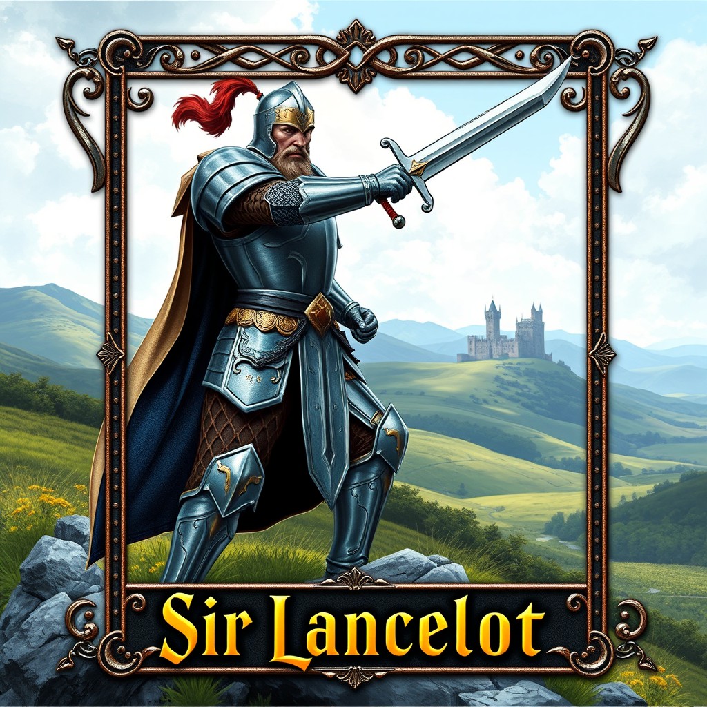 A creatively designed trading card featuring Sir Lancelot, the legendary knight of the Round Table