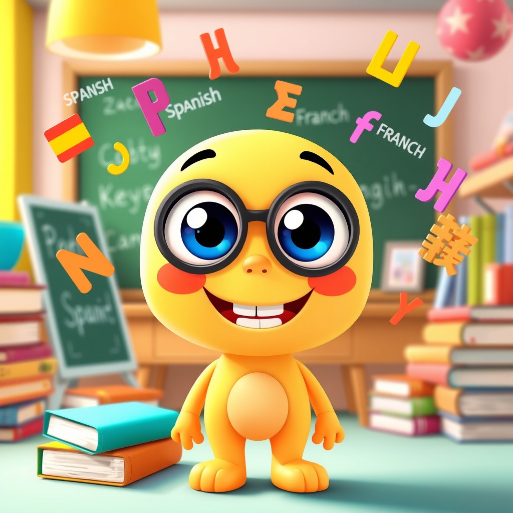 A vibrant and playful scene depicting a cute and colorful animated character inspired by a lively language learning app, with big expressive eyes and a cheerful smile
