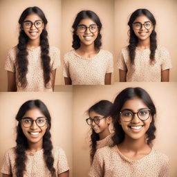 A series of images showing a dusky-skinned girl with eyeglasses conveying different facial expressions.