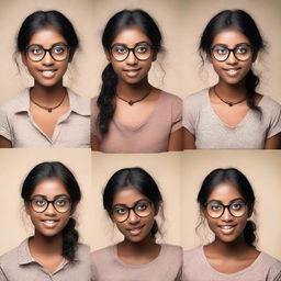 A series of images showing a dusky-skinned girl with eyeglasses conveying different facial expressions.