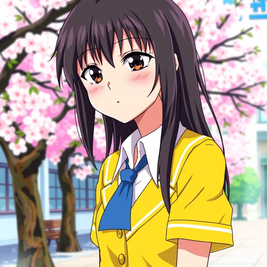 Tomoko Kuroki, a character with a slightly disheveled appearance and long black hair, wearing Haruhi Suzumiya's iconic bright yellow school uniform which consists of a white blouse and a yellow, short-sleeved jacket adorned with a blue necktie