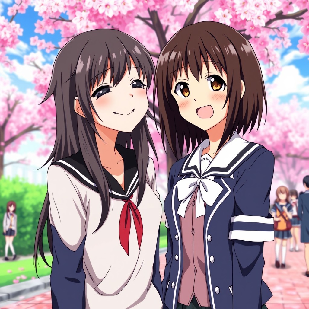 Tomoko Kuroki, a character with a slightly disheveled look and long black hair, is portrayed smiling and confidently interacting with Haruhi Suzumiya, who has her signature short brown hair and bright expression
