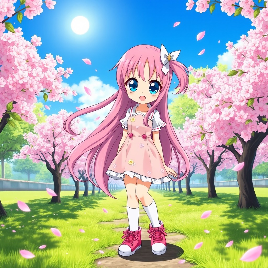 A vibrant and colorful anime girl with long flowing pink hair, large expressive blue eyes, and a cheerful smile