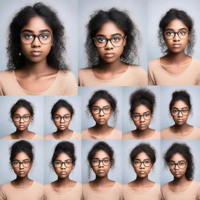 A series of images showing a dusky-skinned girl with eyeglasses conveying different facial expressions.