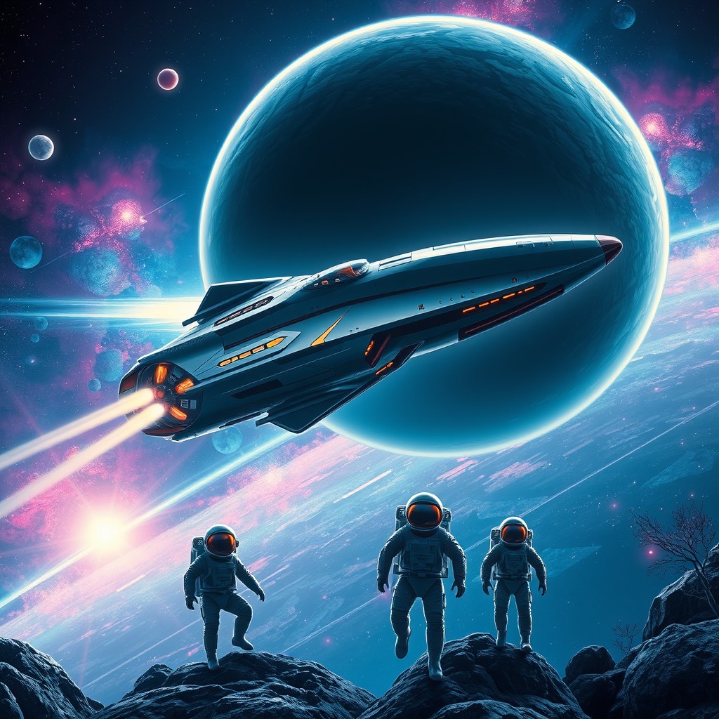 A breathtaking space exploration scene, showcasing a futuristic spaceship soaring through vibrant nebulae and distant stars, with a massive planet looming in the background