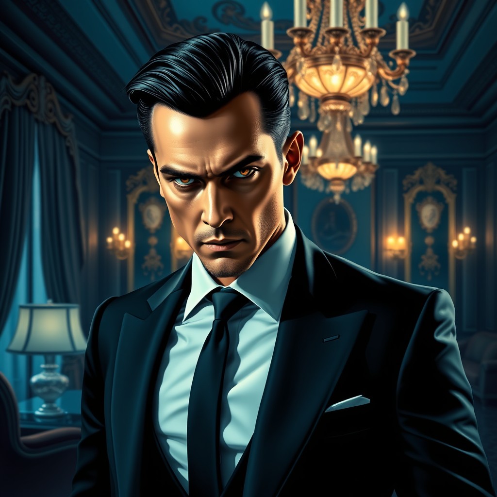 A highly stylized portrait of a mysterious man in a sharp suit, set against a backdrop of an opulent mansion