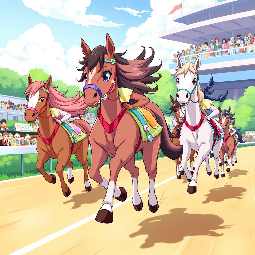 A vibrant and energetic anime-styled illustration of a group of anthropomorphized horse girls, each with unique horse-inspired features and eclectic outfits representing different colors and designs