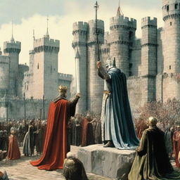 King Arthur pulling out Excalibur from the stone amidst a crowd of awestruck onlookers against the backdrop of a medieval castle.