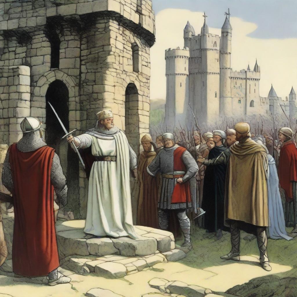 King Arthur pulling out Excalibur from the stone amidst a crowd of awestruck onlookers against the backdrop of a medieval castle.