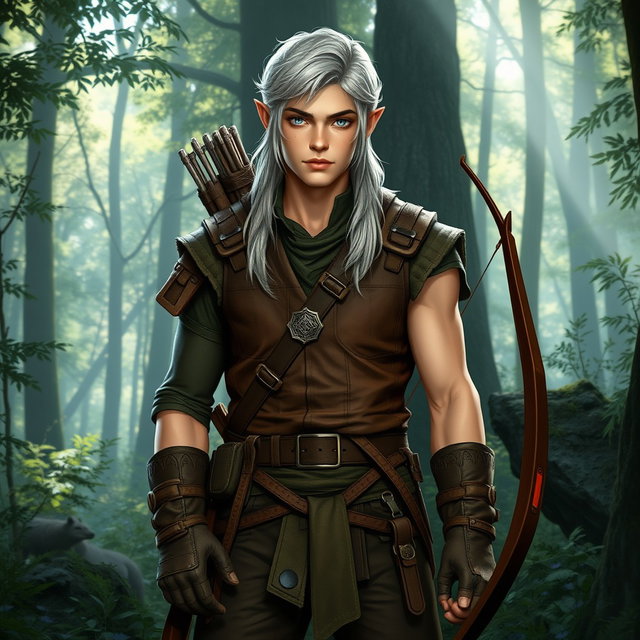 A half-elf ranger with striking grey blond hair and captivating grey-blue eyes