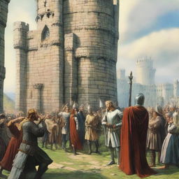 King Arthur pulling out Excalibur from the stone amidst a crowd of awestruck onlookers against the backdrop of a medieval castle.