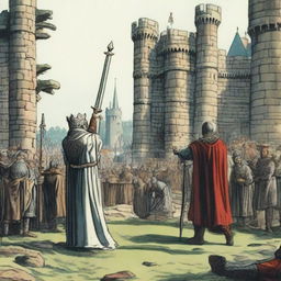 King Arthur pulling out Excalibur from the stone amidst a crowd of awestruck onlookers against the backdrop of a medieval castle.