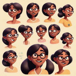 A series of Pixar-style character illustrations of the same dusky-skinned girl with eyeglasses presenting a variety of facial expressions.