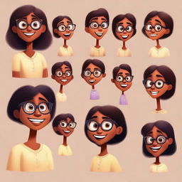 A series of Pixar-style character illustrations of the same dusky-skinned girl with eyeglasses presenting a variety of facial expressions.