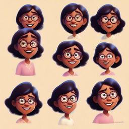 A series of Pixar-style character illustrations of the same dusky-skinned girl with eyeglasses presenting a variety of facial expressions.