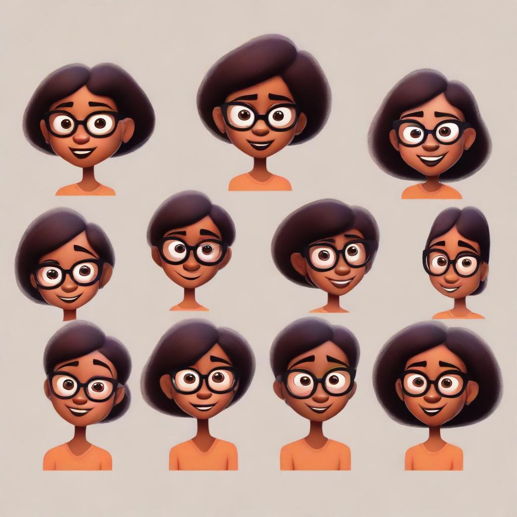 A series of Pixar-style character illustrations of the same dusky-skinned girl with eyeglasses presenting a variety of facial expressions.