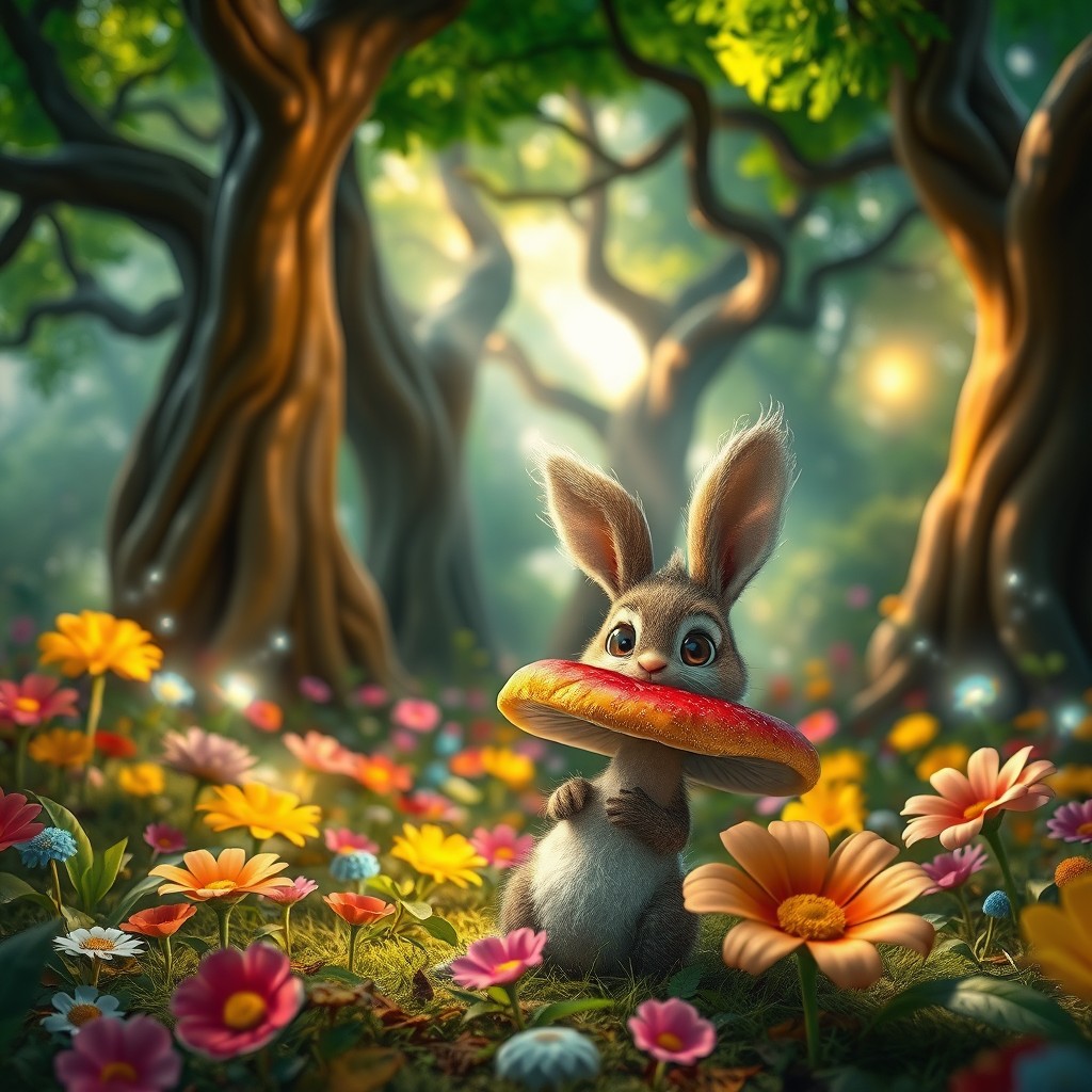 A whimsical scene in a vibrant, magical forest filled with colorful, oversized flowers and sparkling fairy lights
