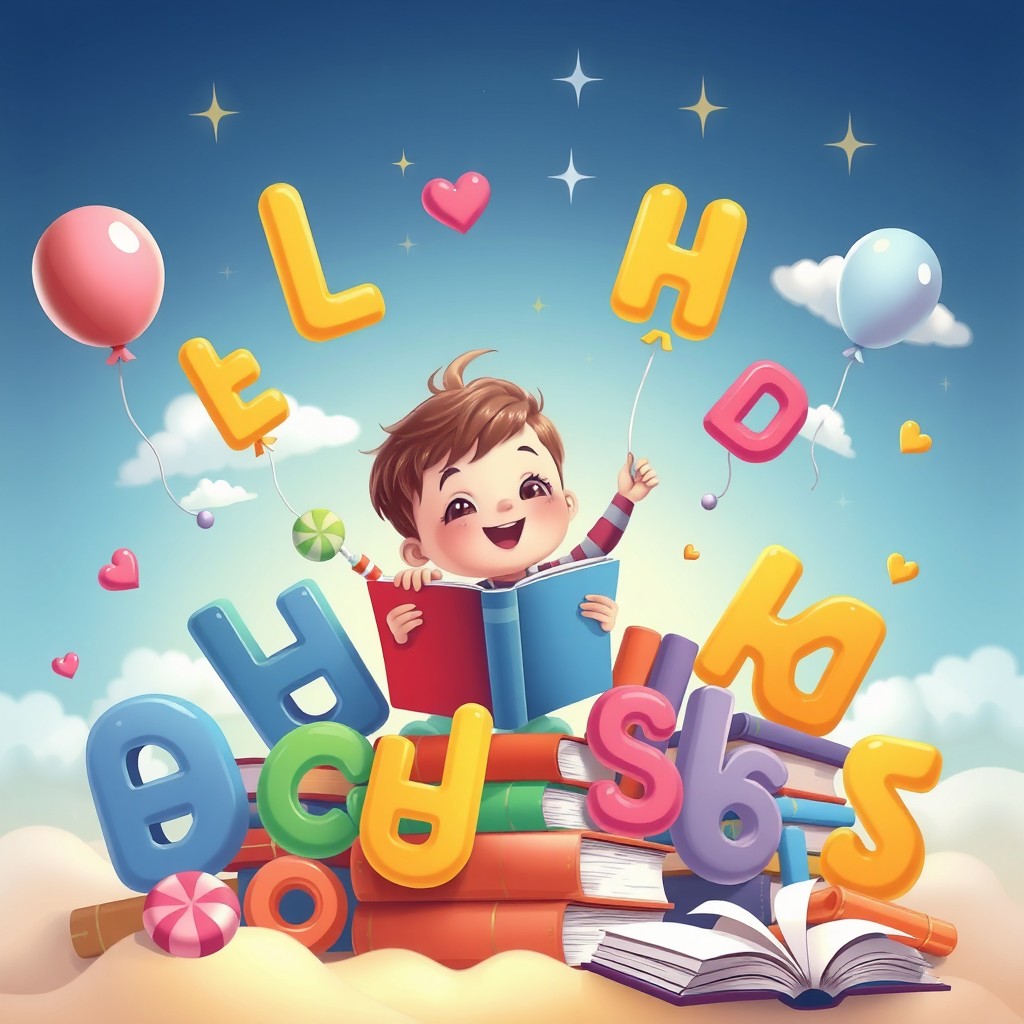 A whimsical and colorful illustration featuring a cute cartoon-style child immersed in a vibrant world of books and creativity