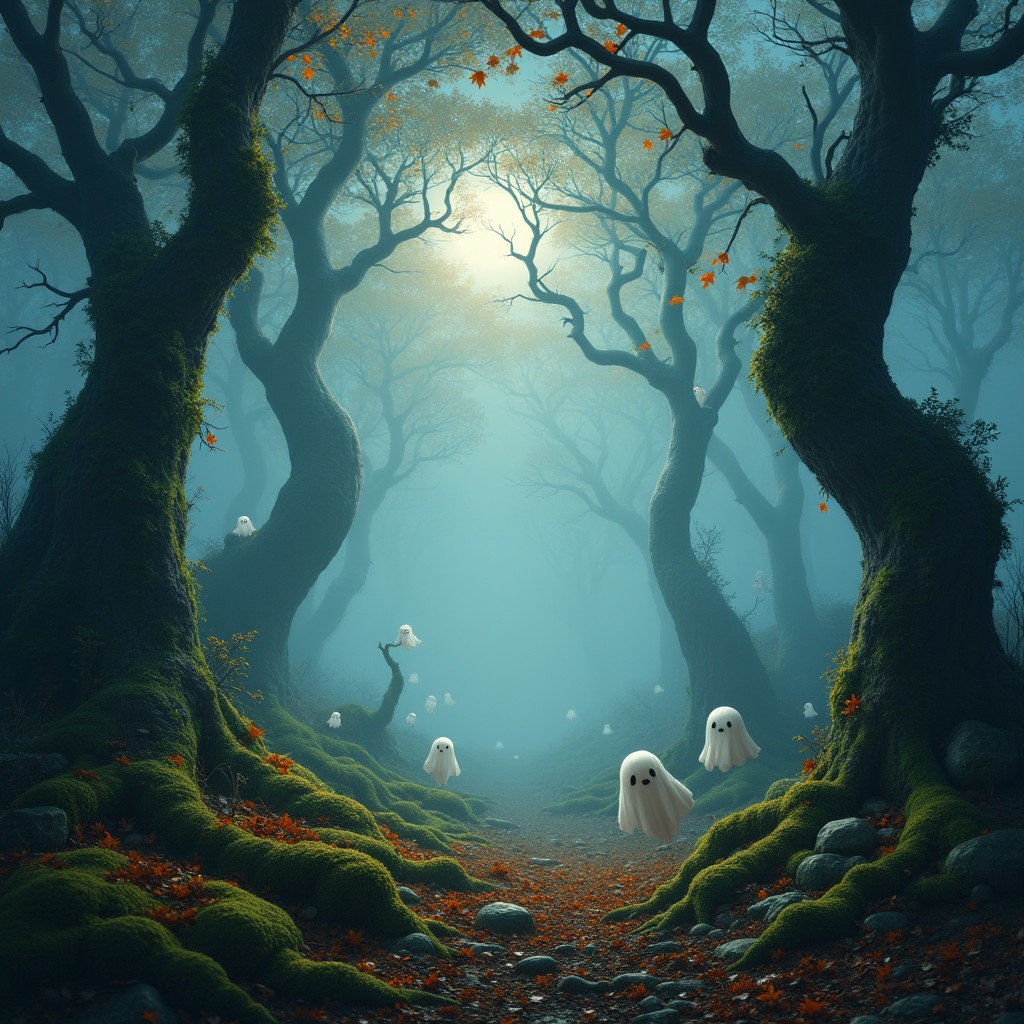 A captivating landscape piece depicting a haunted forest filled with whimsical little ghosts