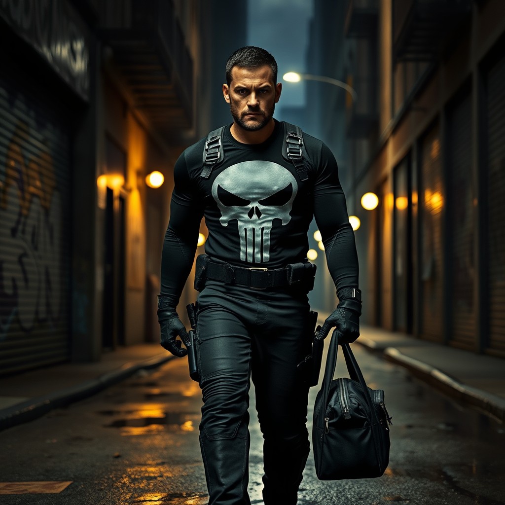 The Punisher walking down a urban street, gripping a tactical bag in his hand