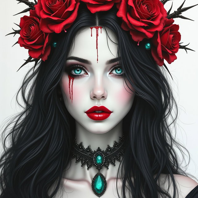 An enchanting pencil drawing in the style of Luis Royo, depicting a breathtakingly beautiful 19-year-old woman with long, radiant black hair and strikingly stunning features