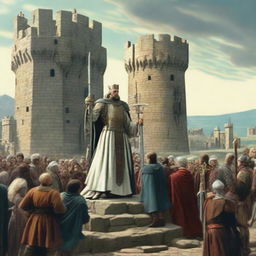 King Arthur pulling out Excalibur from the stone amidst a crowd of awestruck onlookers against the backdrop of a medieval castle.