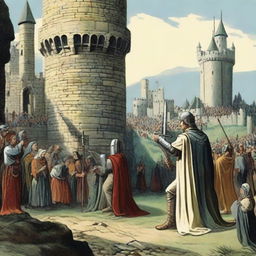 King Arthur pulling out Excalibur from the stone amidst a crowd of awestruck onlookers against the backdrop of a medieval castle.