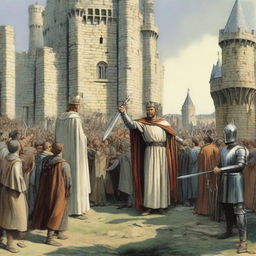 King Arthur pulling out Excalibur from the stone amidst a crowd of awestruck onlookers against the backdrop of a medieval castle.