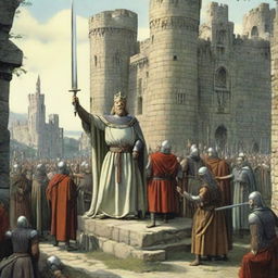 King Arthur pulling out Excalibur from the stone amidst a crowd of awestruck onlookers against the backdrop of a medieval castle.