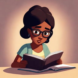 A Pixar-style illustration of a dusky-skinned girl with eyeglasses engrossed in reading a Bible.