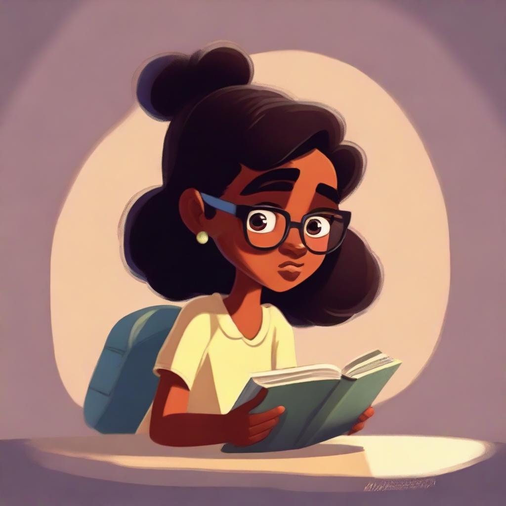 A Pixar-style illustration of a dusky-skinned girl with eyeglasses engrossed in reading a Bible.