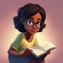 A Pixar-style illustration of a dusky-skinned girl with eyeglasses engrossed in reading a Bible.