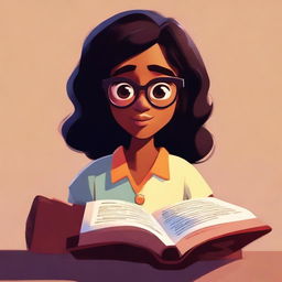 A Pixar-style illustration of a dusky-skinned girl with eyeglasses engrossed in reading a Bible.