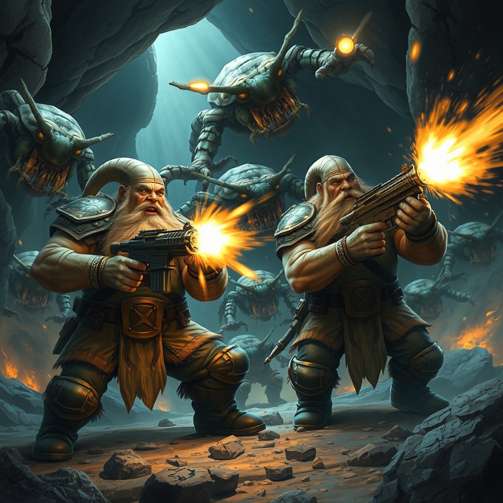 Two sturdy dwarves, clad in futuristic mining gear, fiercely shooting at a frenzied horde of giant, grotesque space bugs in a dark, sprawling alien cave