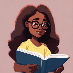 A Pixar-style illustration of a dusky-skinned girl with long hair and eyeglasses, deeply engaged in reading a Bible.