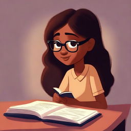 A Pixar-style illustration of a dusky-skinned girl with long hair and eyeglasses, deeply engaged in reading a Bible.